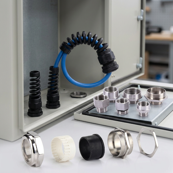 Cable Gland Reducer and Adaptor alongside an Anti Bending Cable Gland installed on an electrical enclosure panel.